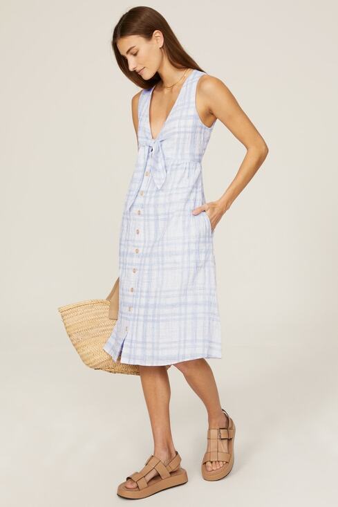 Love, Whit by Whitney Port Dresses & Skirts - LOVE WHIT Blue Plaid Checkered Tie Front Cotton V-Neck Midi Dress Size Medium